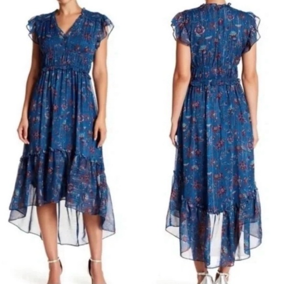 Taylor Dresses & Skirts - Anthropologie Taylor Blue Floral Chiffon Dress Ruffle Tiered Boho Flowy Size 4